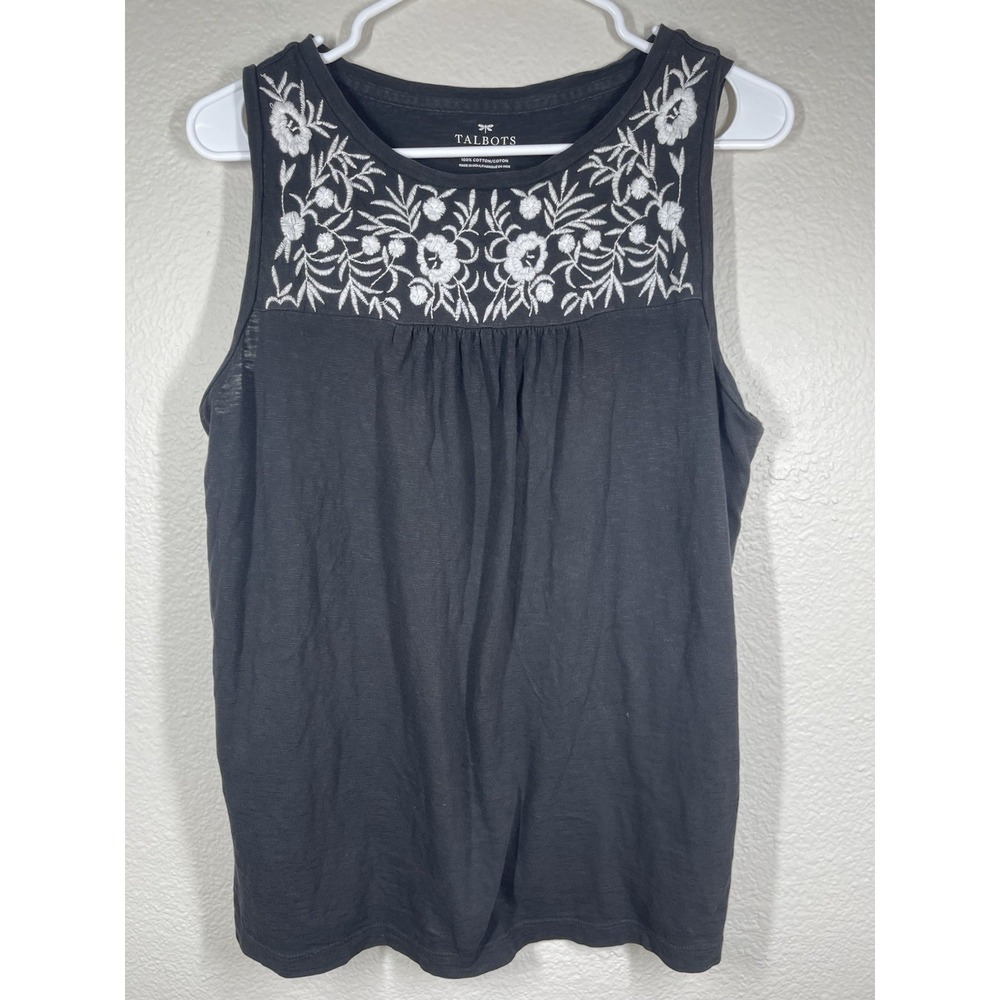Talbots Black White Embroidered Sz Medium Tank Top 100% Cotton Sleeveless